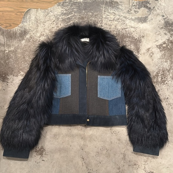SONIA RYKIEL PARIS FOX FUR & Denim Leather Suede Patchwork Cropped Jacket - Picture 5 of 12